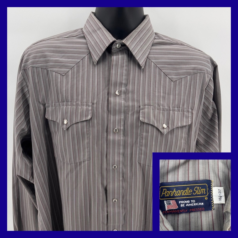 Vintage Panhandle Slim Western Shirt Mens‎ 16.5 x 37 Pearl Snap Striped USA Made